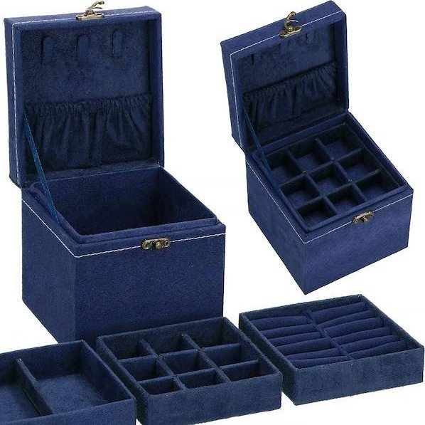 Springos Szkatułka na biżuterię ekoskóra 12x12x12 cm granatowy, welurowy organizer z przegródkami UNIWERSALNY