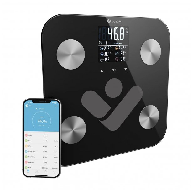 Waga diagnostyczna bluetooth TrueLife FitShape S6 BT czarna kolorowy LCD 0,2 ~ 180 kg iOS, System Android