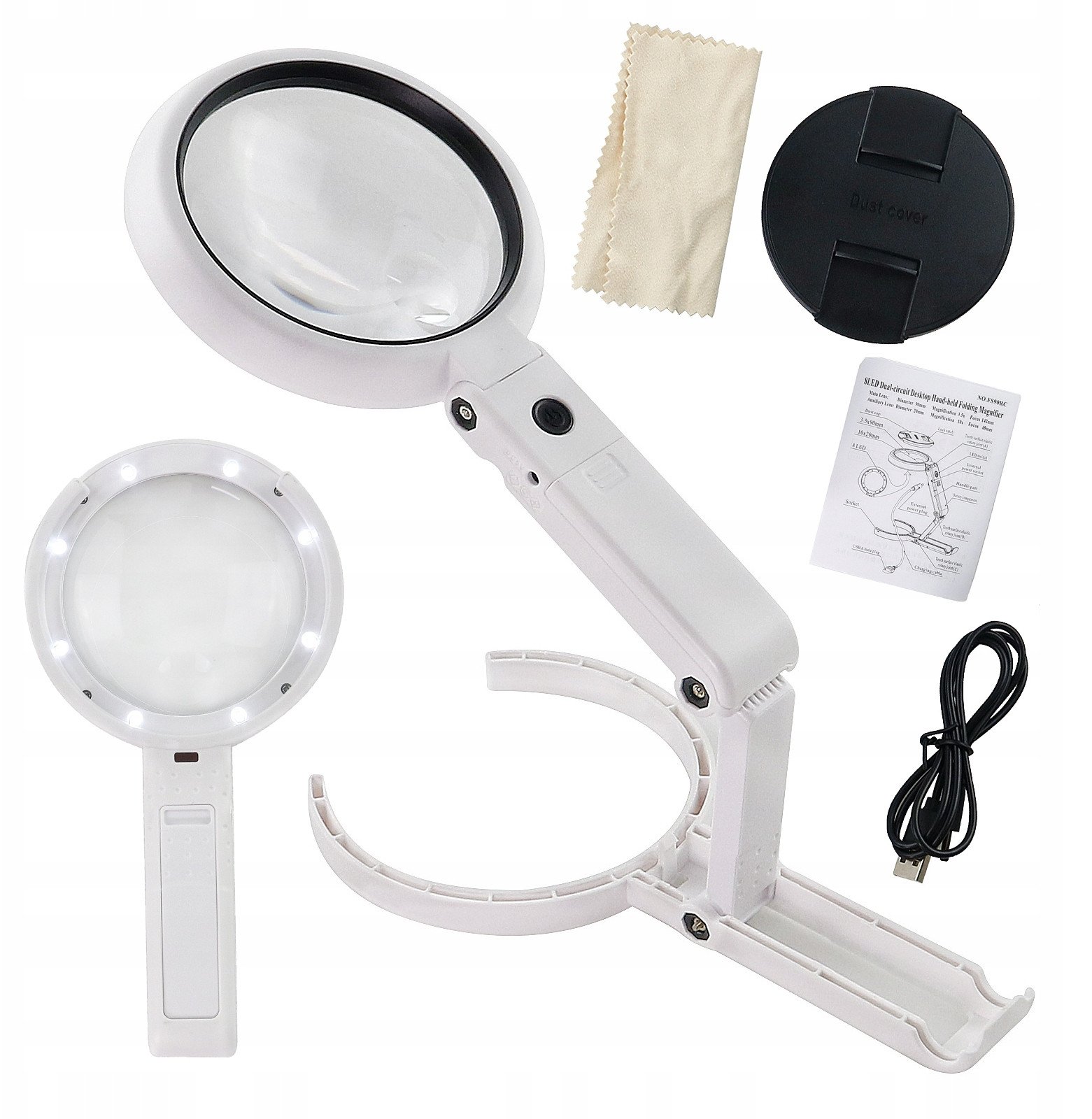 Lupa SZKŁO POWIĘKSZAJĄCE 8x LED Stojak ZASILANIE USB/Baterie 11x LAMPKA