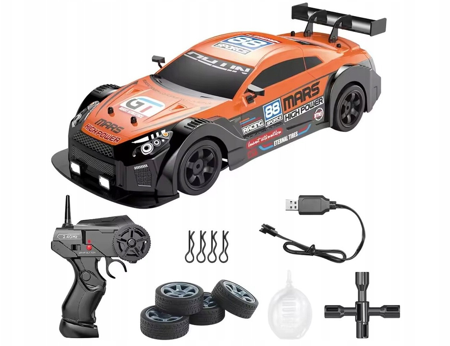 DUŻY Samochód Do Driftu Auto RC Drift 1:16 2,4 GHz PARA DYM 4WD Pomarańczowy Nissan GTR LED