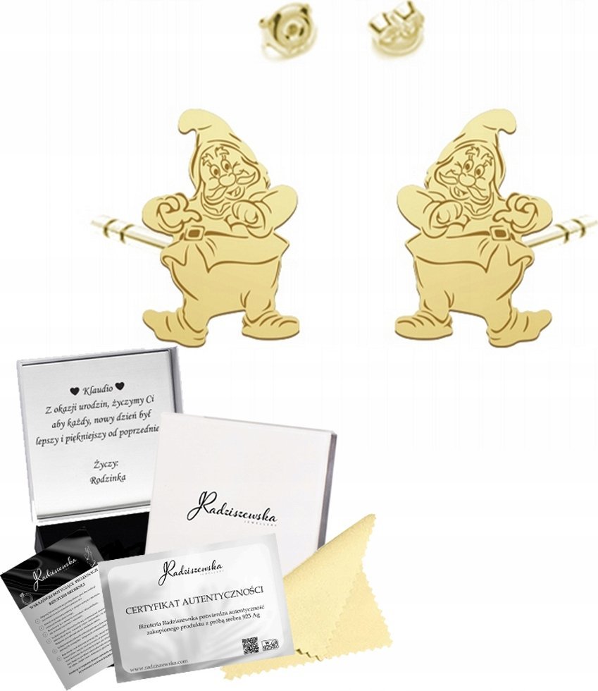 Radziszewska Jewellery Kolczyki Złote z Krasnalem Sztyfty Prezent Srebro 925 ŻYCZENIA GRATIS