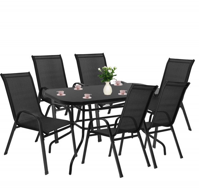 Meble ogrodowe metalowe, zestaw stół szklany 120 cm i 6 krzeseł na taras balkon czarne UNIWERSALNY