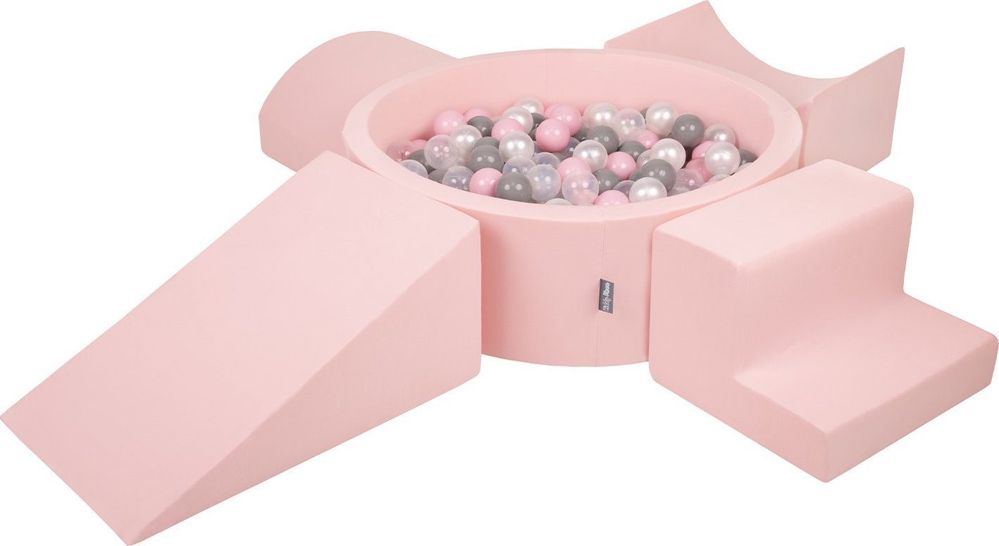 KiddyMoon KiddyMoon Piankowy plac zabaw PPZP-OK30D-115 z piłeczkami różowy: perła-szary-transparent-pudrowy róż basen 300/klin L/rampa L/półwałek L/sc