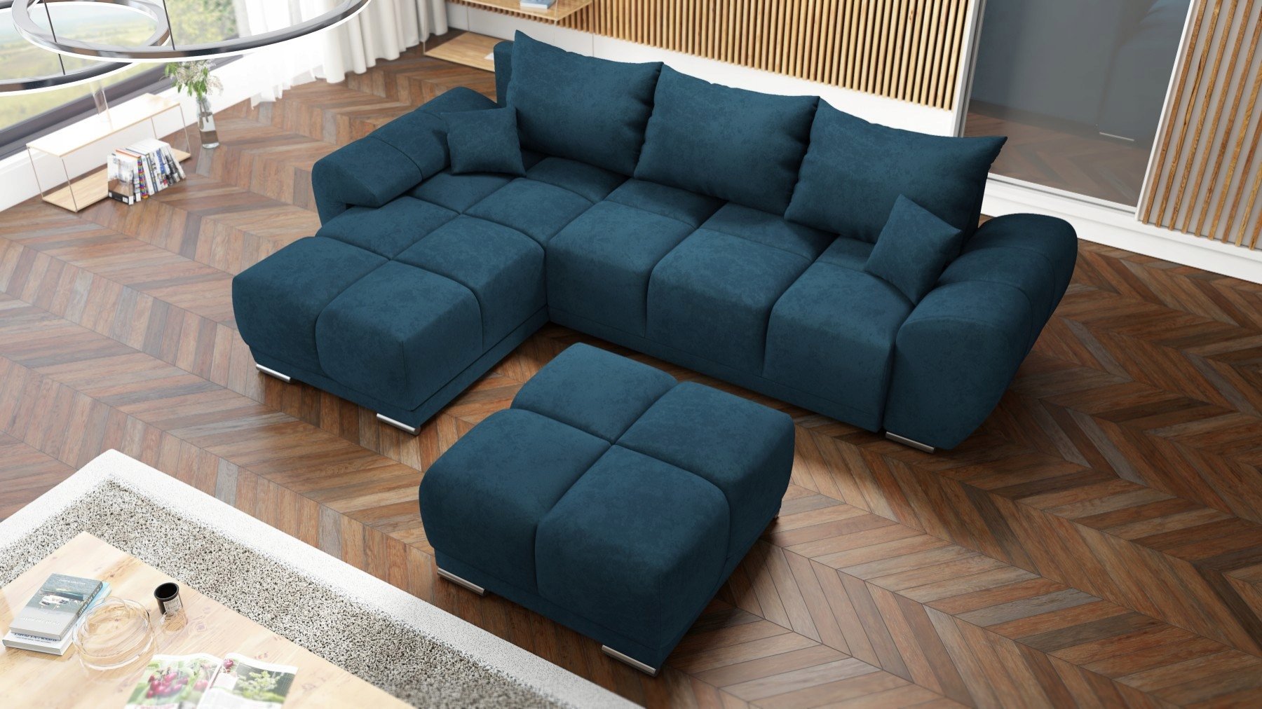 NIEBIESKI NAROŻNIK DO SALONU ROZKŁADANY FUNKCJA SPANIA HONEY L + DUŻA PUFA