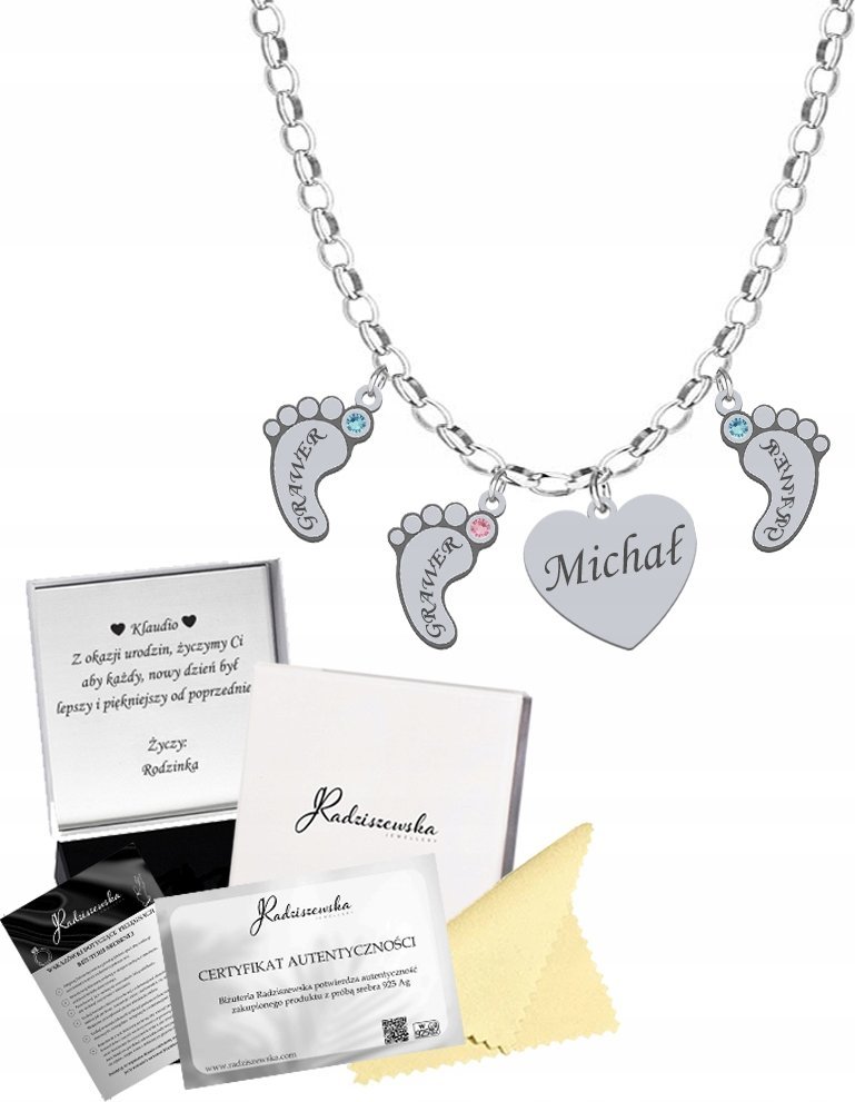 Radziszewska Jewellery Naszyjnik Srebrny ze Stópkami Serce Łańcuszek Prezent Kobieta GRAWER GRATIS