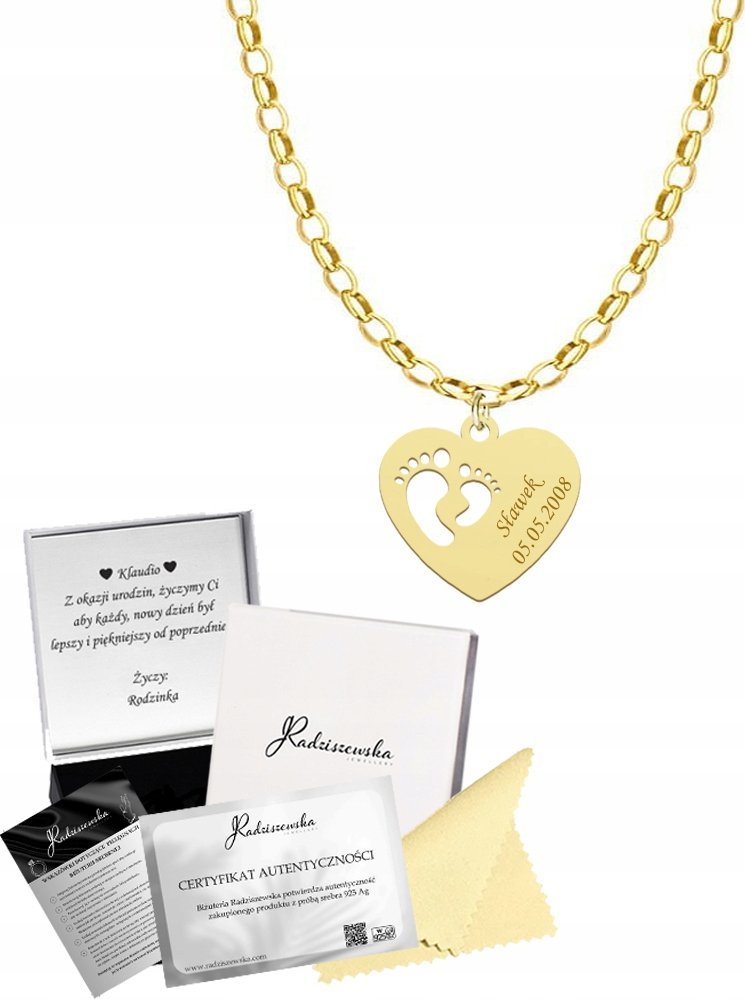 Radziszewska Jewellery Naszyjnik Złoty SERCE STÓPKI z Grawerem Łańcuszek Prezent srebro 925