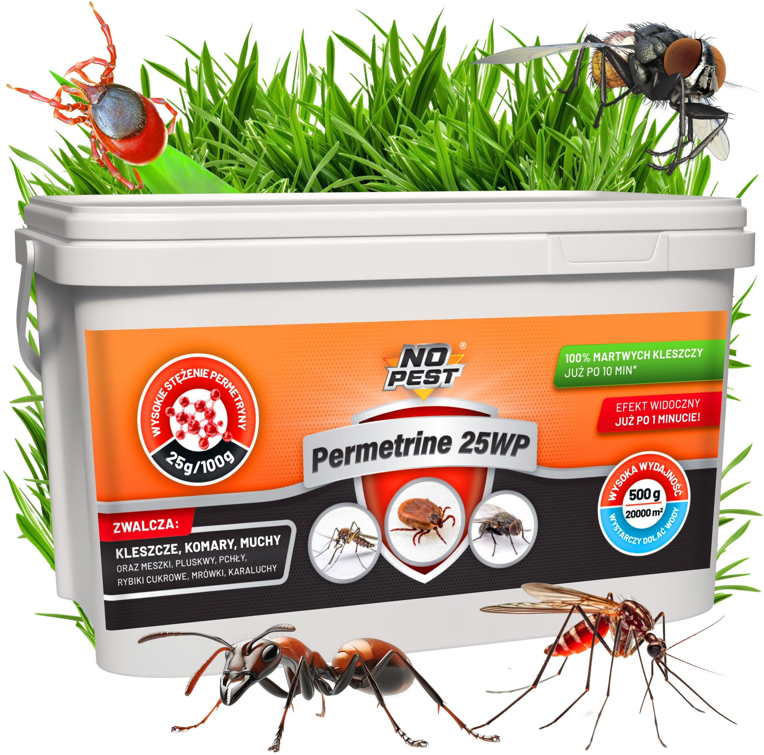 Proszek Preparat Środek Oprysk na Kleszcze Komary Muchy Meszki Pluskwy Rybiki Mrówki i Inne Owady 500g/200l Permetrine 25WP