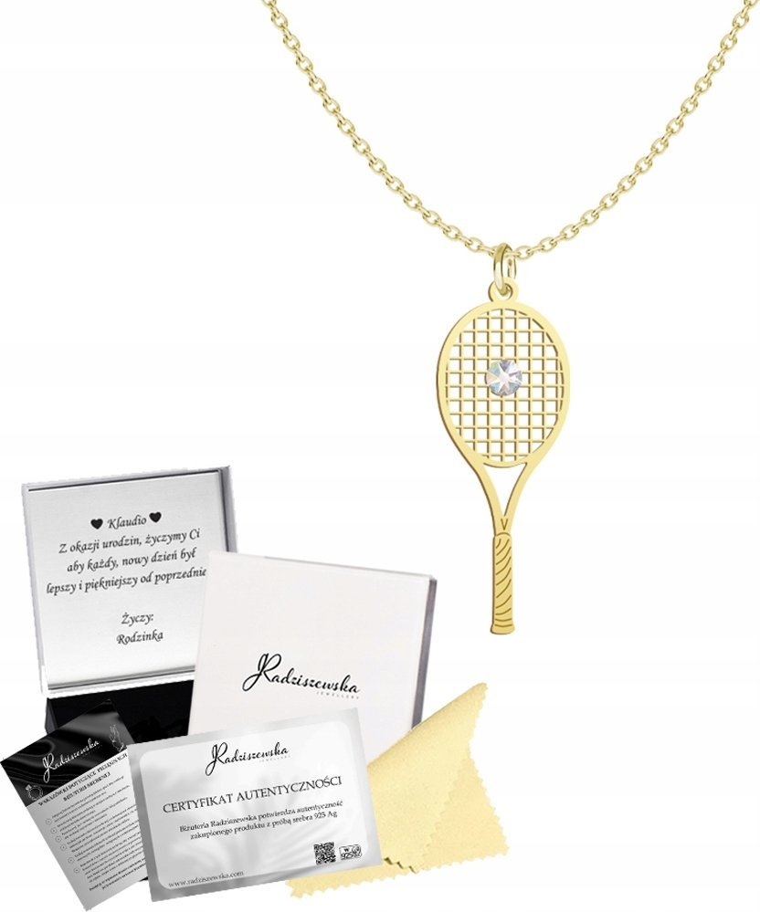 Radziszewska Jewellery Złoty Naszyjnik Rakieta Tenisowa SREBRO 925 Prezent DEDYKACJA GRATIS