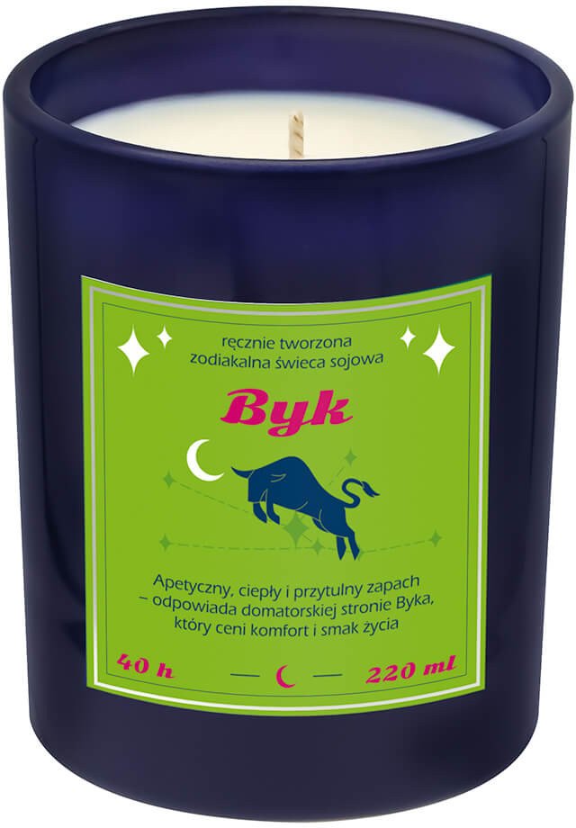 Świeca zodiakalna sojowa naturalna zapachowa BYK - bezpieczna, ręcznie robiona w szklanym słoiczku na prezent upominek dla osoby ze znakiem zodiaku BY