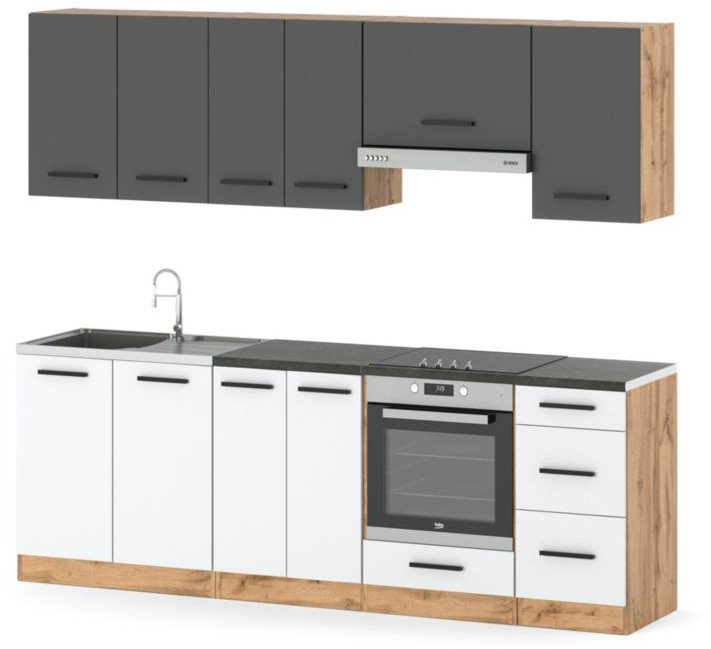 Meble Kuchenne Mokka Plus 2.4m Zestaw Modułowy Z Blatem Wotan Biały Szary