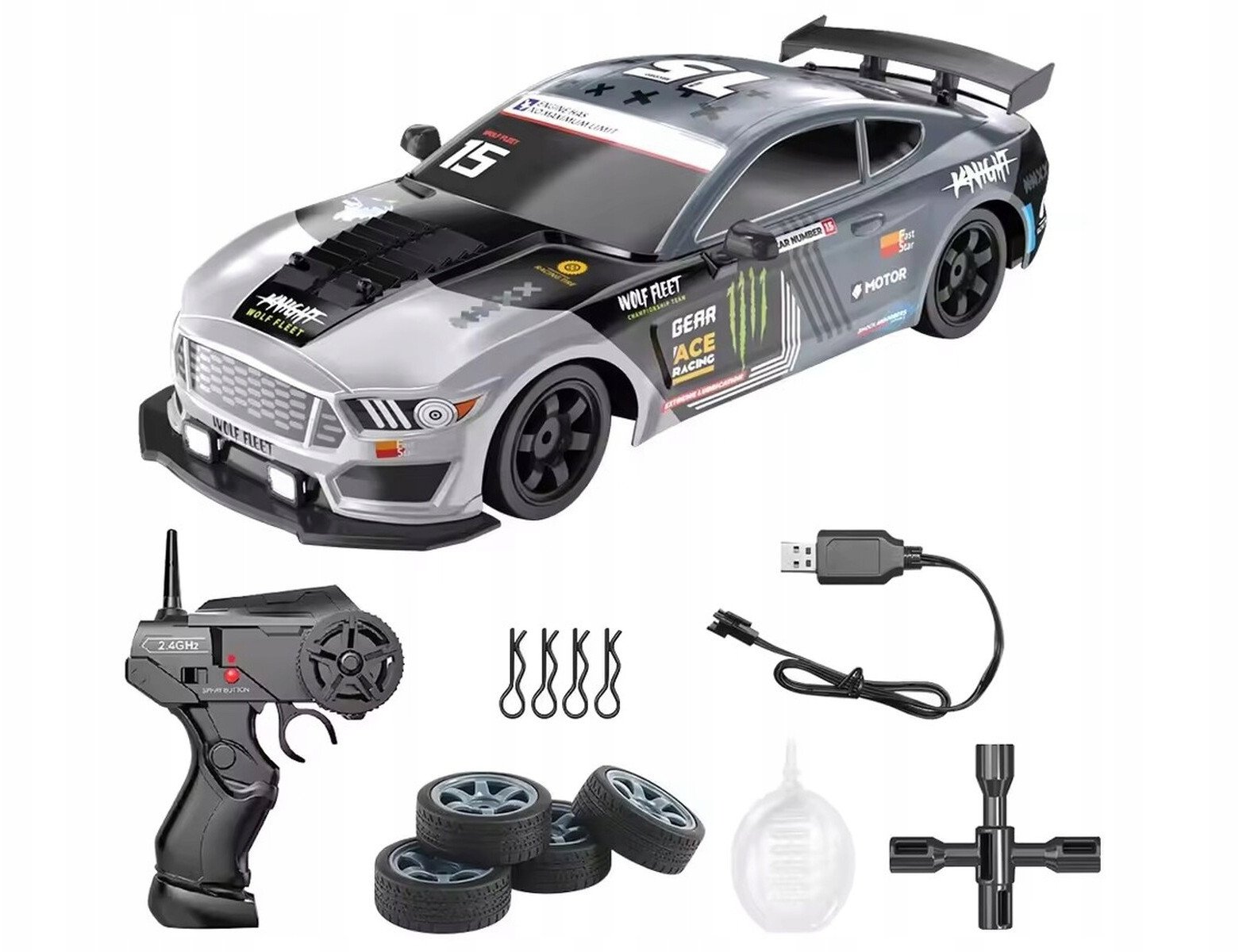 DUŻY Samochód Do Driftu Auto RC Drift 1:16 2,4 GHz PARA DYM Grafitowy Mustang 4WD LED