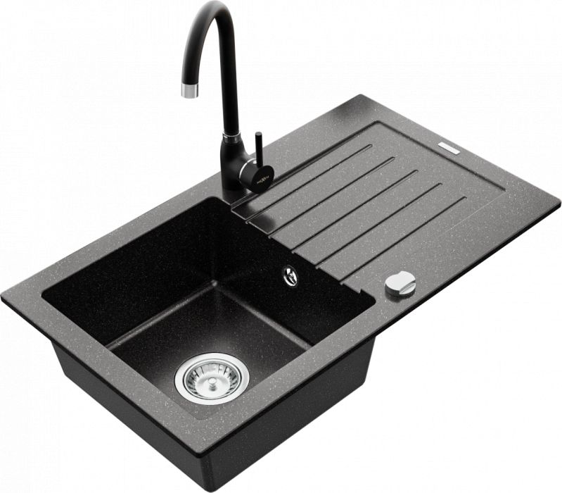 Zlewozmywak Mexen Mexen Pablo zlewozmywak granitowy 1-komorowy z ociekaczem i baterią kuchenną Telma, czarny/srebrny - 6510-73-670200-70