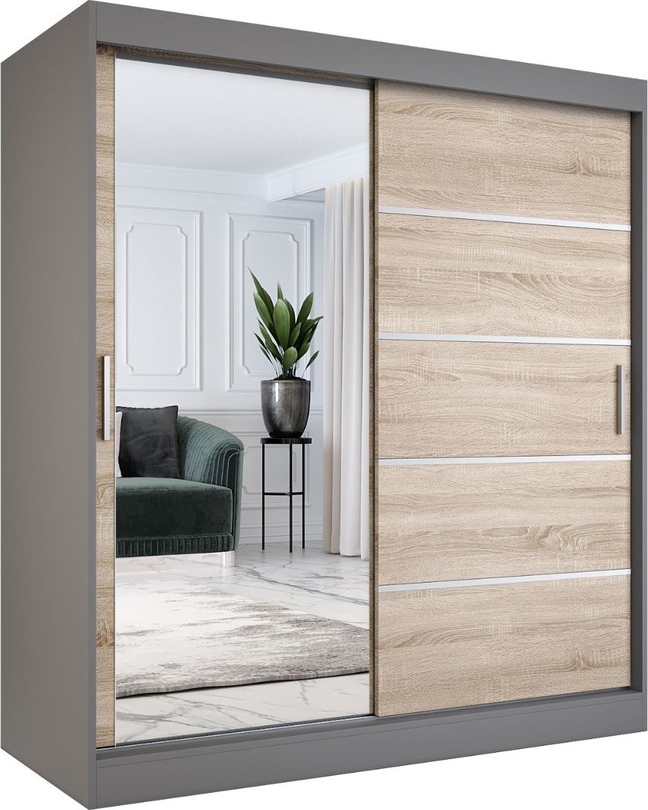 MKPOL Szafa przesuwna MODUO COMFORT 3 180 antracyt/dąb sonoma z lustrem