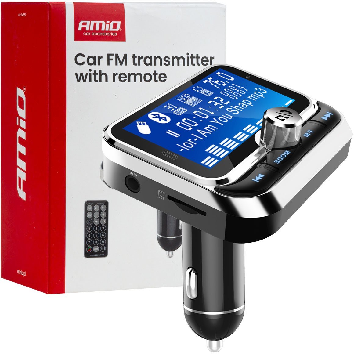 Transmiter samochodowy fm z pilotem 2×usb-a 12v 24vamio-04657