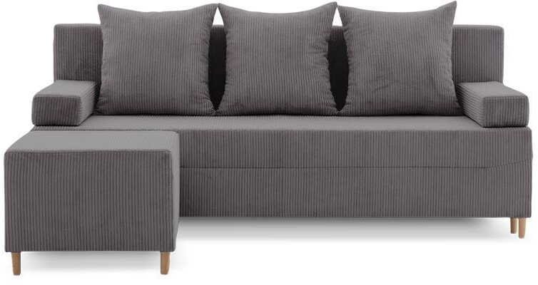 Kanapa z pufą, trzyosobowa, 3w1, sztruks, PANORA, 191x92x92 cm, ciemny szary