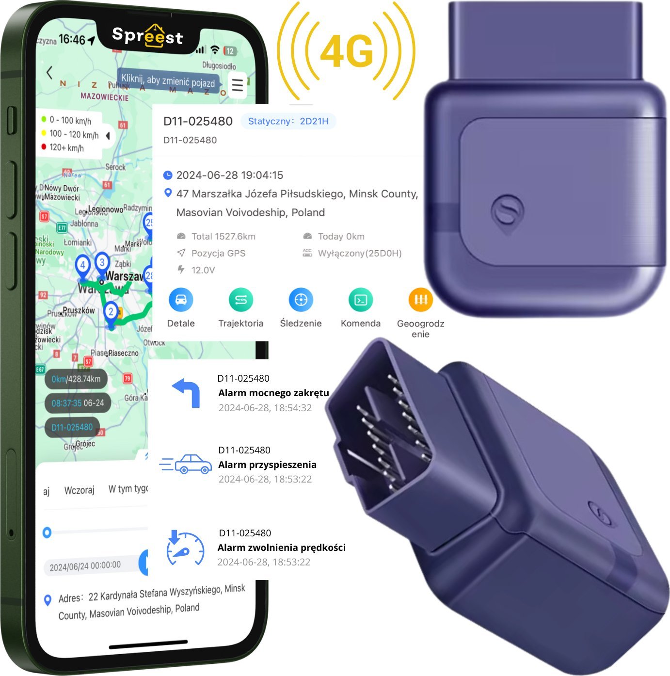 Moduł GPS Spreest LOKALIZATOR GPS GSM 4G GNIAZDO OBD 2 GENERACJI DO POJAZDÓW AUTA SAMOCHODU