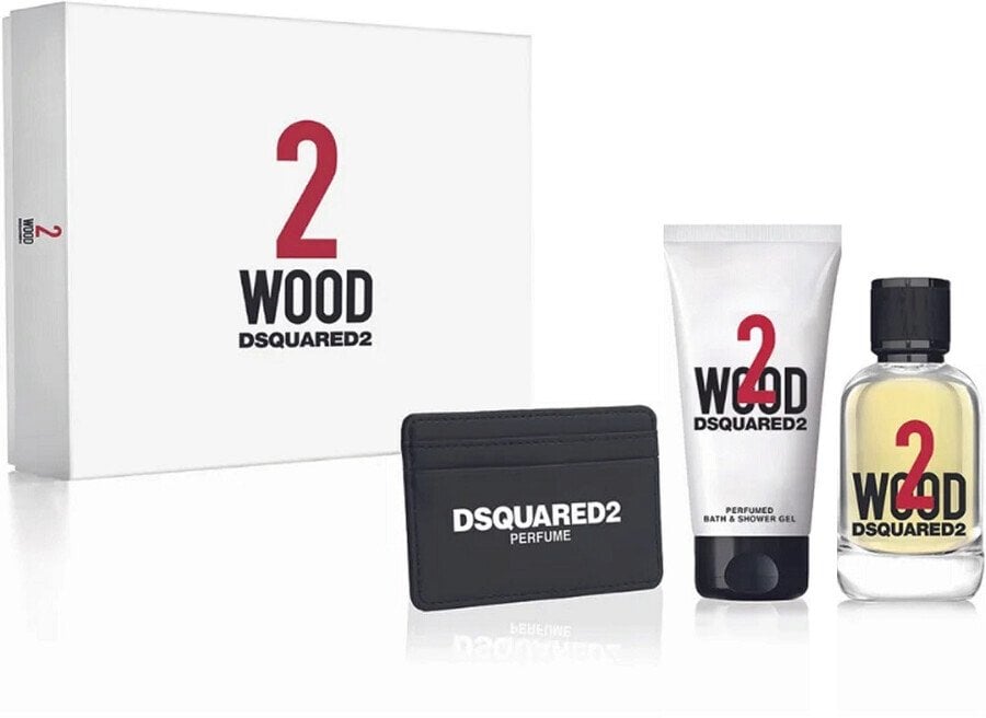 Set Dsquared 2: Portfel skórzany, Czarny + 2 Wood, Eau De Toilette, 100 ml + 2 Wood, Żel pod prysznic, 100 ml