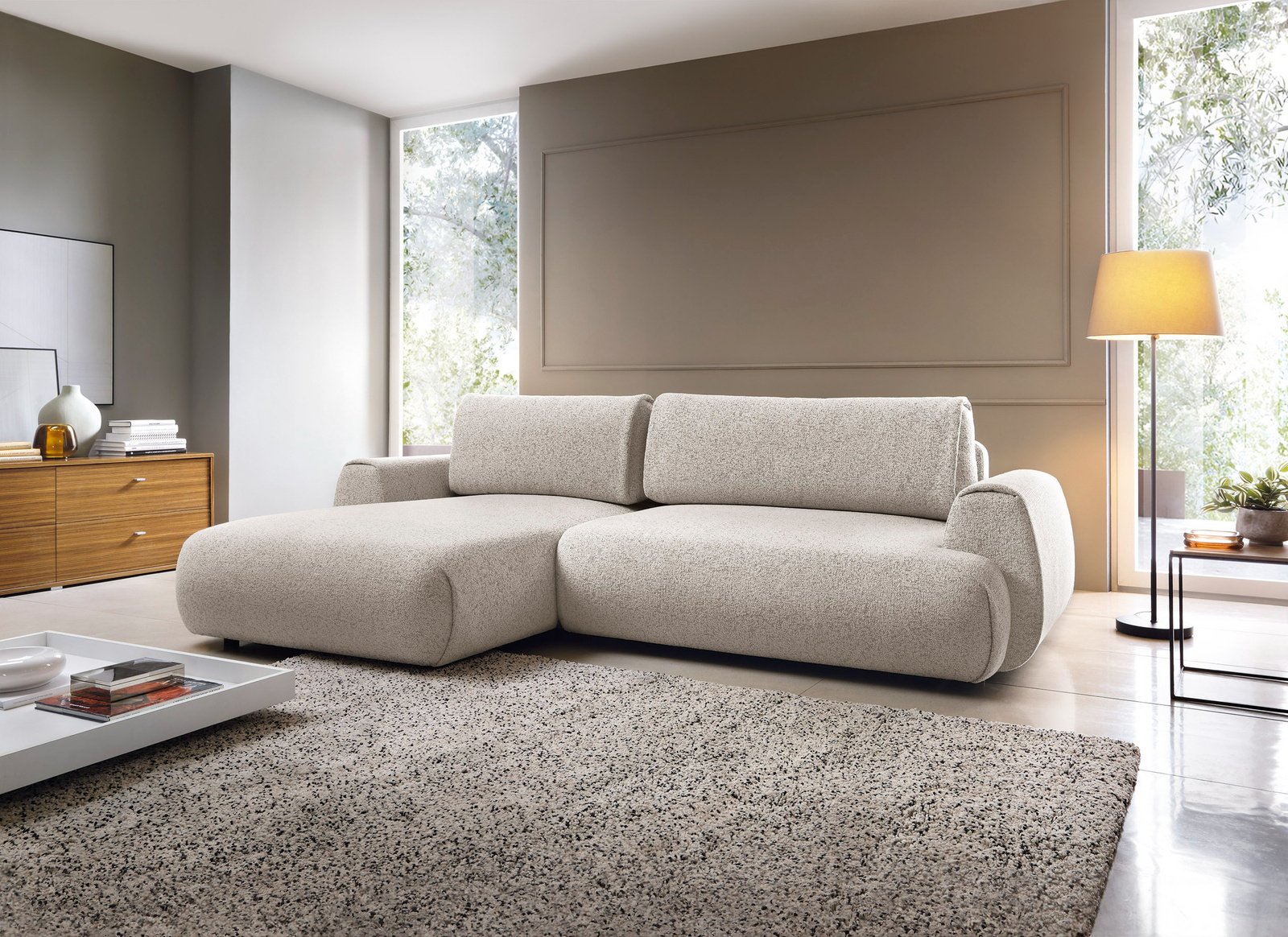 Narożnik VERNIO lewostronny plecionka Puente 09 kamienny beż stone funkcja spania