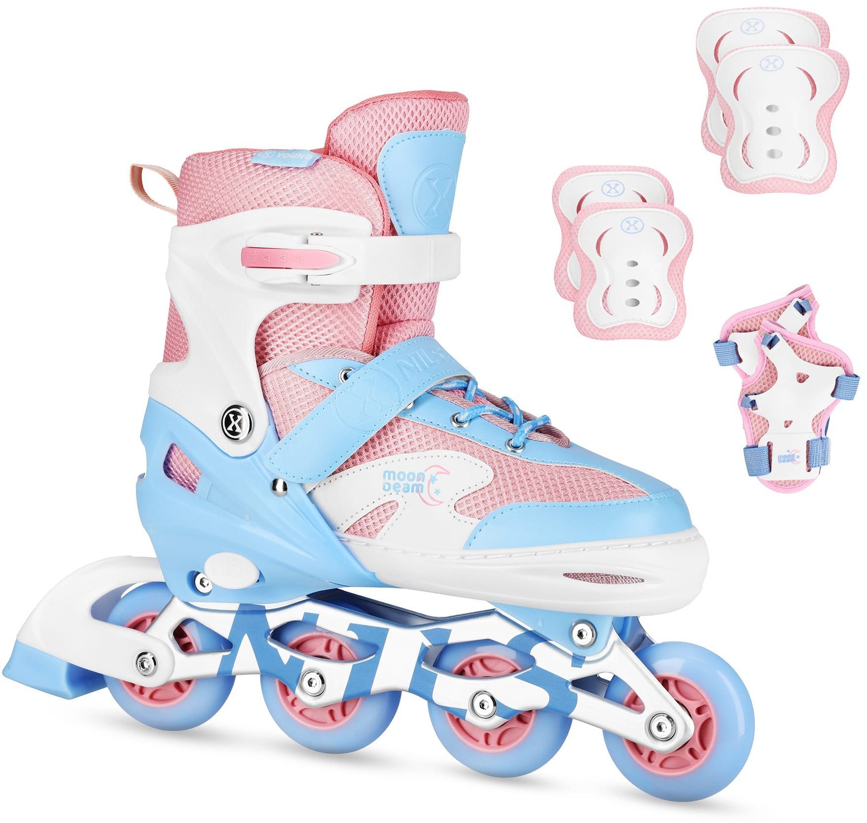 NA0189 ZESTAW LED ŁYŻWOROLKI OCHRANIACZE MOONBEAM BIAŁE ROZM. L(39-42) NILS EXTREME