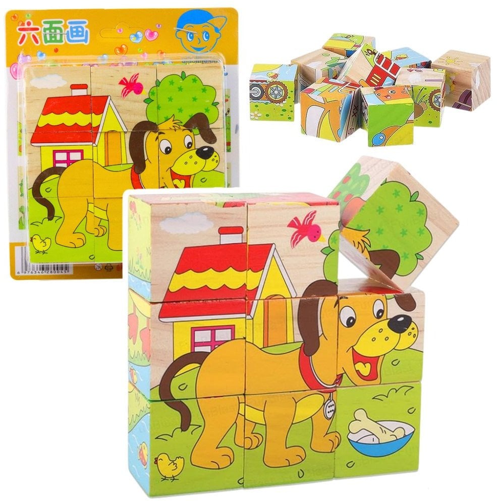 Drewniana Układanka Klocki Farma Puzzle Edukacyjne Zwierzęta 6 Obrazków