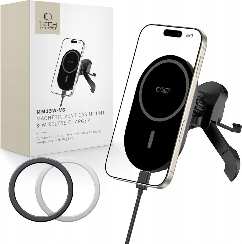TECH-PROTECT MM15W-V6 MAGNETIC MAGSAFE STABLE VENT CAR MOUNT WIRELESS CHARGER 15W BLACK/BLACK