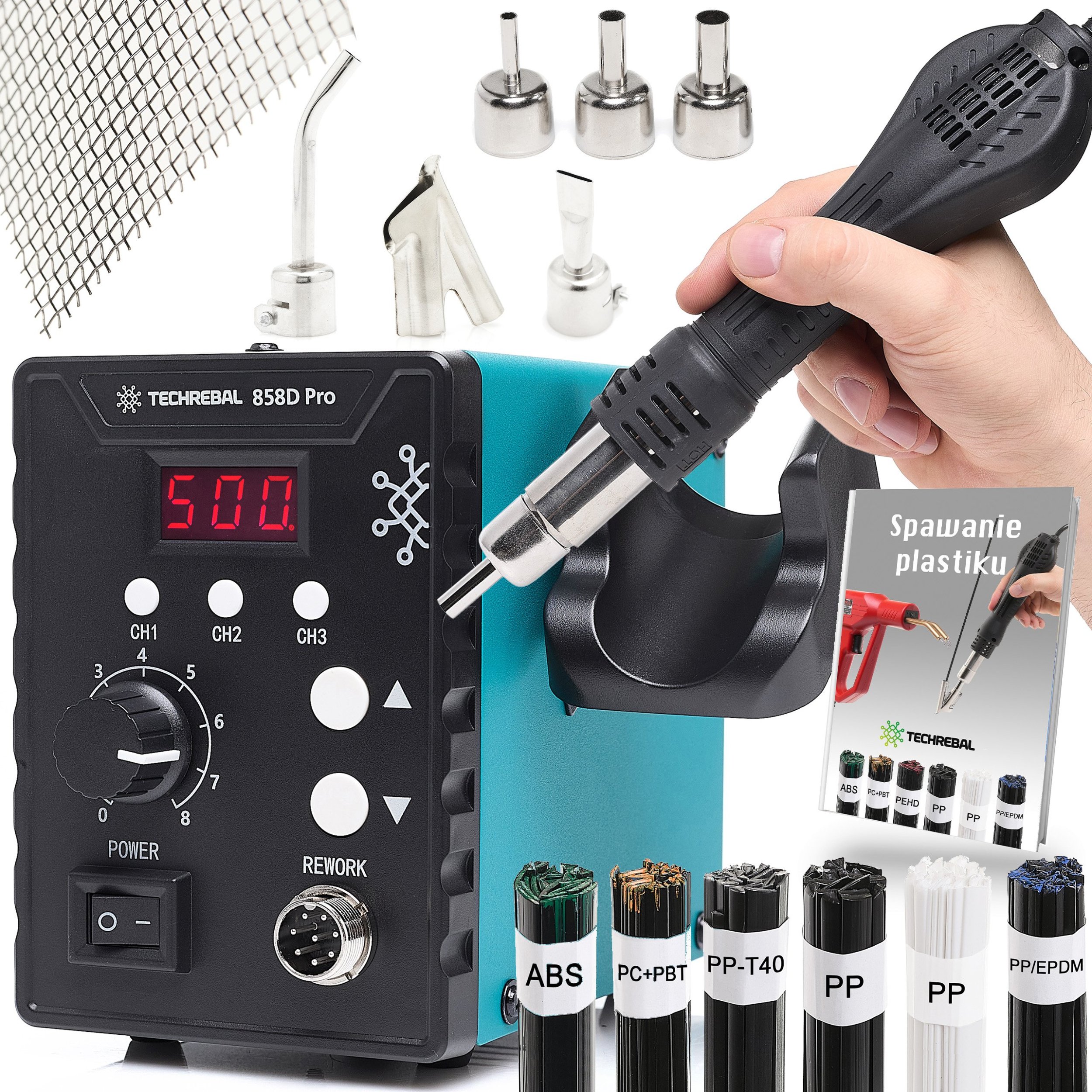 Spawarka Plastiku Stacja Lutownicza Hot-Air TECHREBAL 858D Pro Zestaw 6 Spoiw 6 Dysz