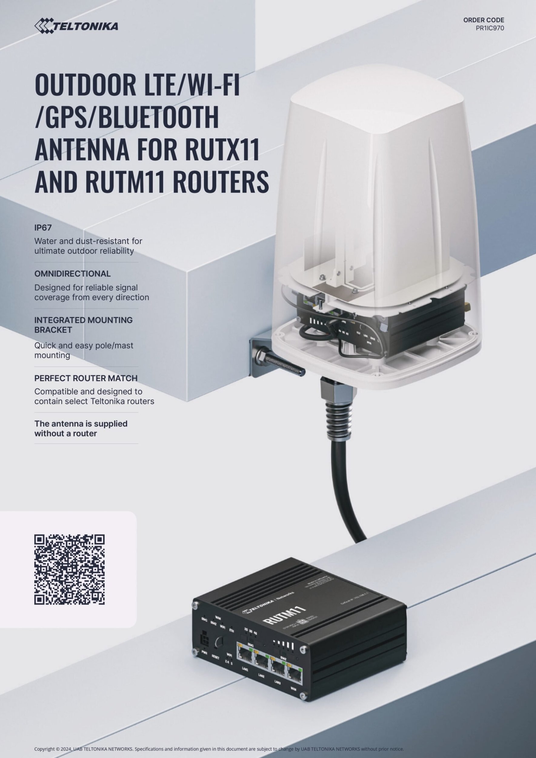 Antena Teltonika TELTONIKA NETWORKS Outdoor LTE/Wi-Fi/GPS/Bluetooth antenna for RUTX11 and RUTM11 routers