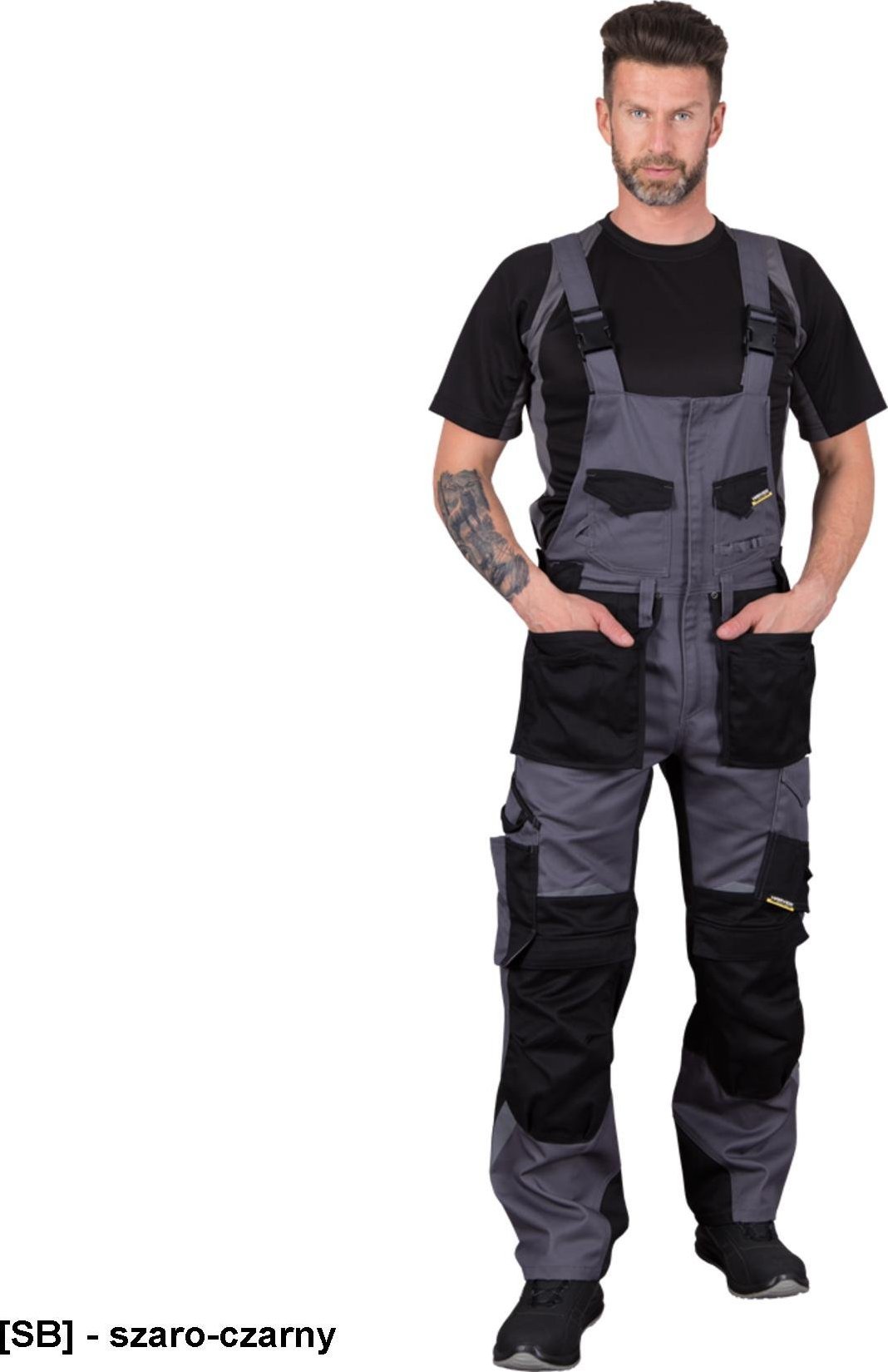 R.E.I.S. HARVER-B - spodnie ochronne ogrodniczki, 65% poliester, 35% bawełna 300 g/m, 10 kieszeni, pętelki na klucze i akcesoria - szaro-czarny 48