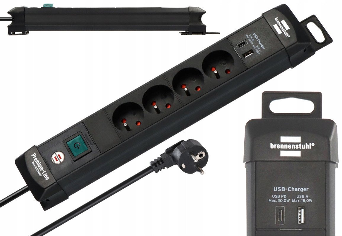 BRENNENSTUHL LISTWA ZASILAJĄCA “PREMIUM-LINE“ 4 GN 3M CZARNA, USB-C PD 30W, USB-A 18W
