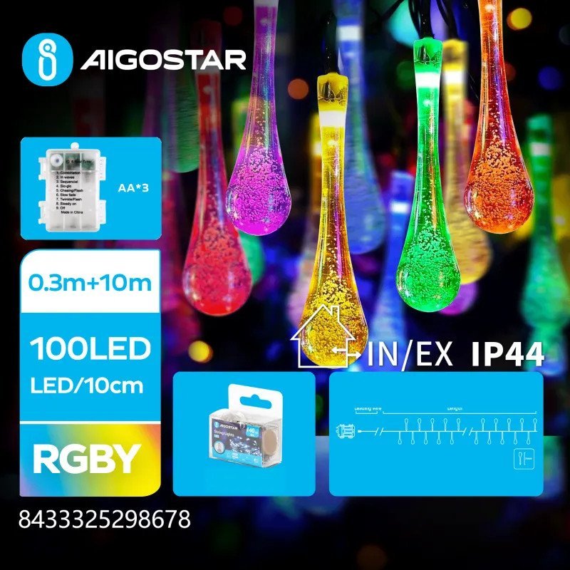 Lampki choinkowe Aigostar Lampki choinkowe krople deszczu na 3 baterie AA multikolor 10m Lampki choinkowe krople deszczu na 3 baterie AA multikolor 1