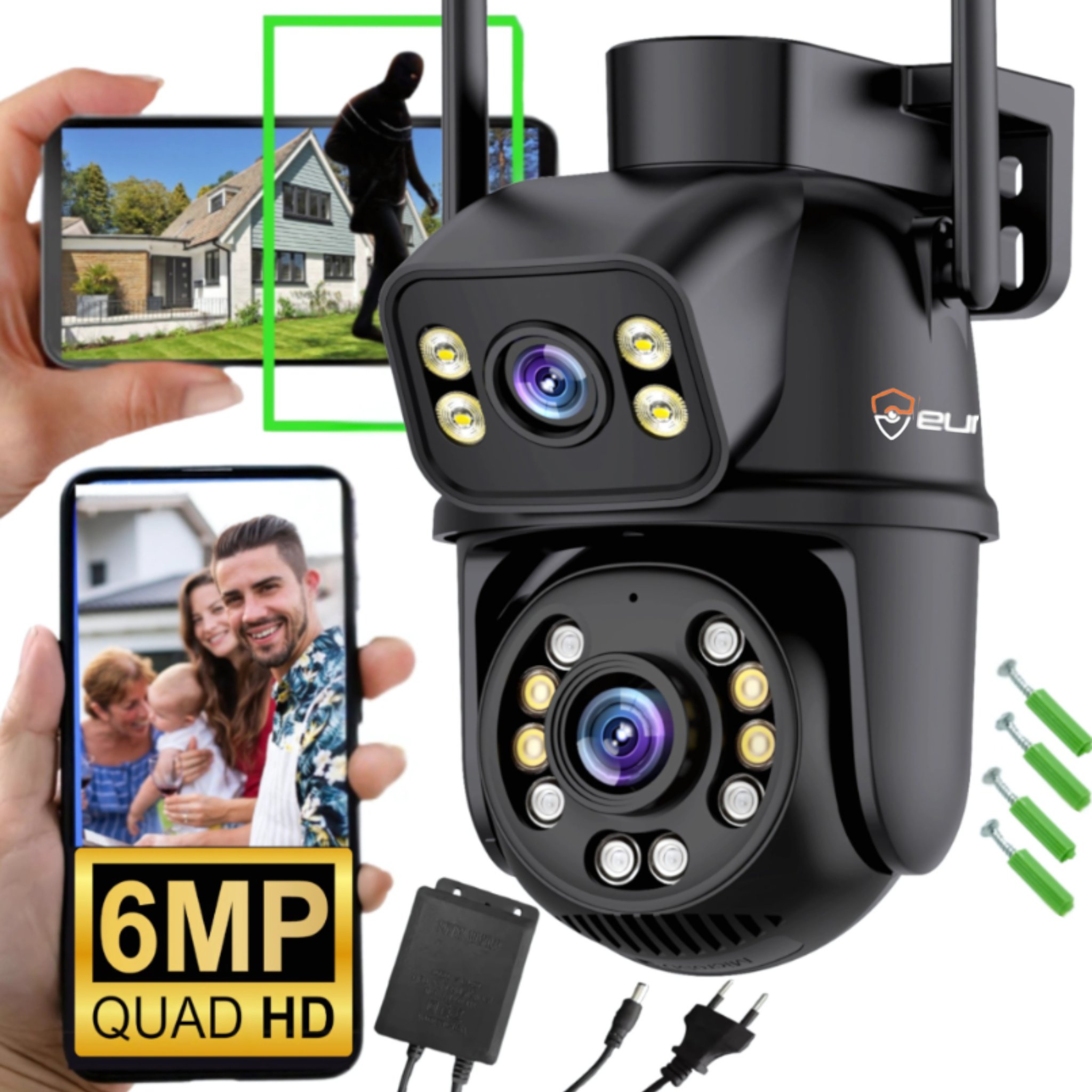 PODWÓJNA ZEWNĘTRZNA KAMERA WIFI SMART QUADHD 6MPX DETEKCJA APLIKACJA IR LED