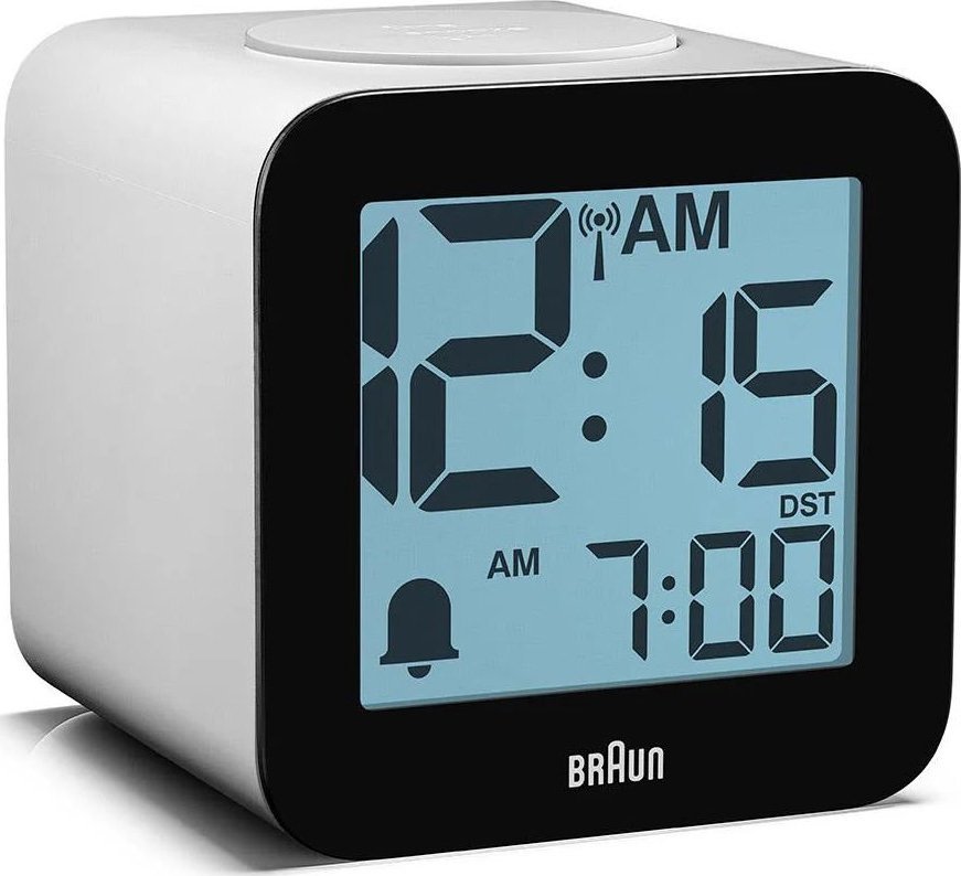 Budzik elektroniczny Braun BC25WP-DCF mówiący sterowany radiowo .