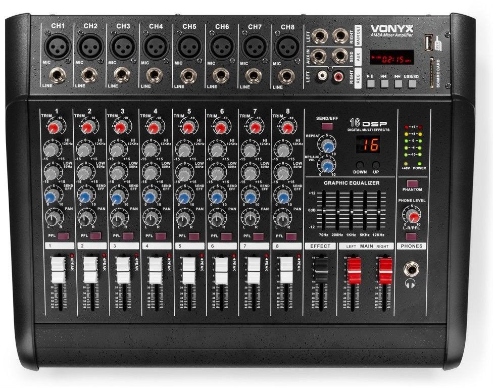 Powermikser 8-kanałowy DSP BT SD USB MP3 AM8A Vonyx one size