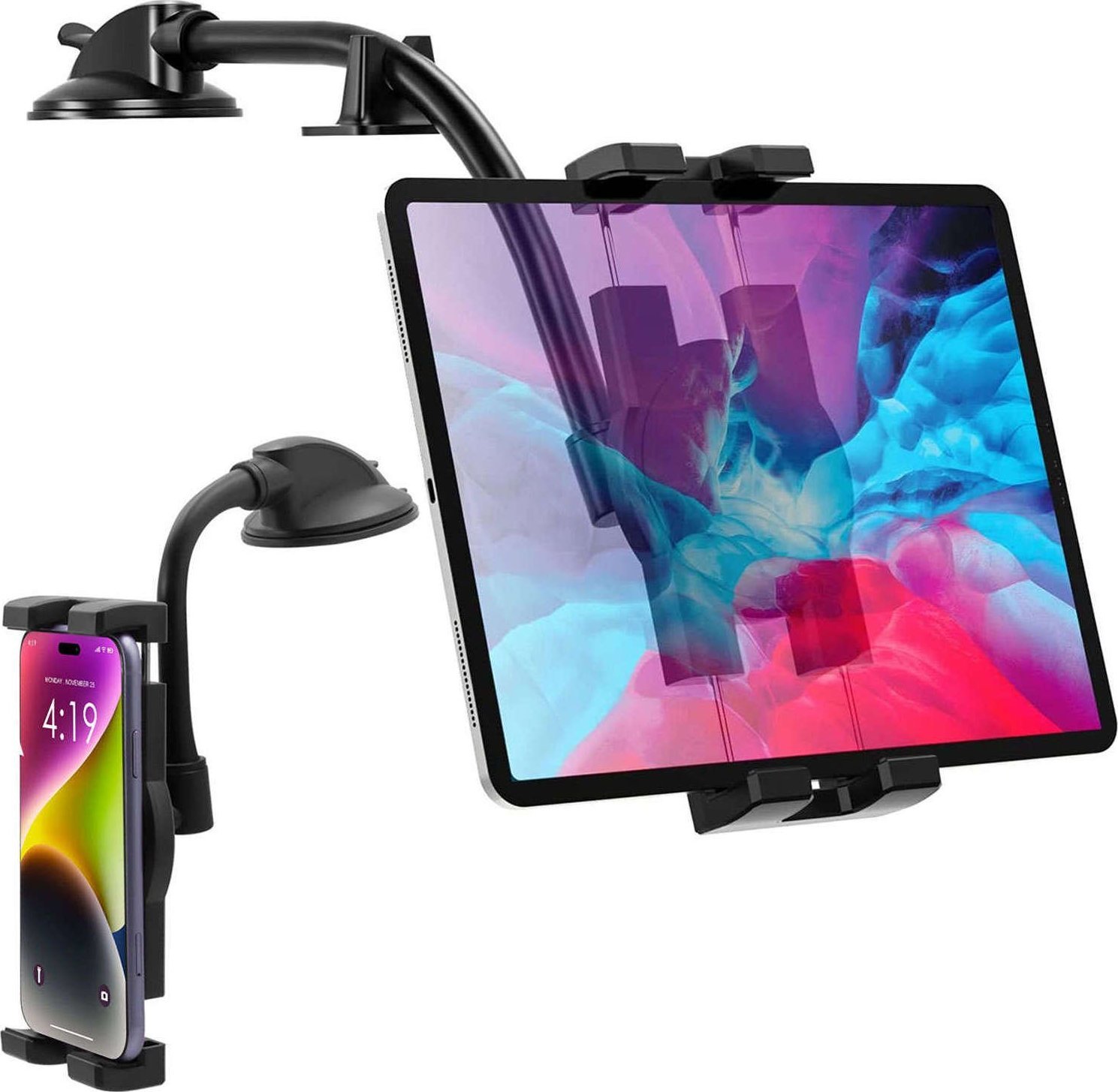 4kom.pl Uchwyt samochodowy na tablet telefon kokpit szybę Alogy do auta z długim ramieniem 4-13" czarny