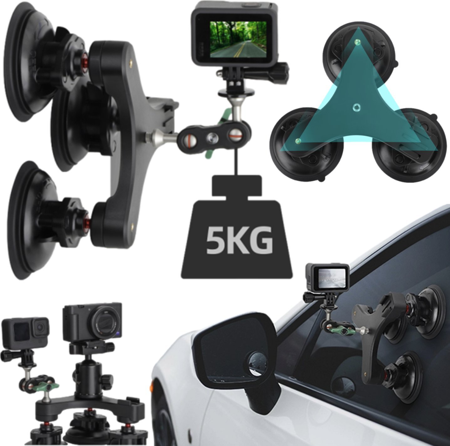 SunnyLife MOCNY UCHWYT DO KAMER SPORTOWYCH TRÓJRAMIENNY NA SZYBĘ KAROSERIĘ Z MOCOWANIEM 1/4 I 3/8' CALA DSLR