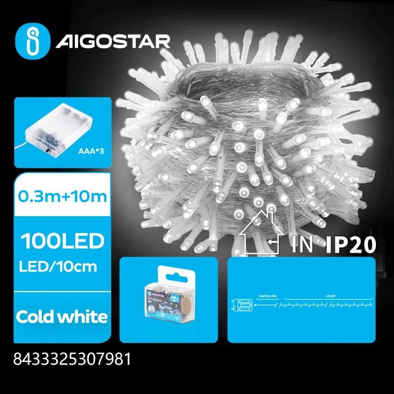 Lampki choinkowe Aigostar Lampki choinkowe-ozdobne na 3 baterie AA, Zimna biel, 10m Płaska taśma świetlna na 3 baterie AA, Zimna biel, 10m