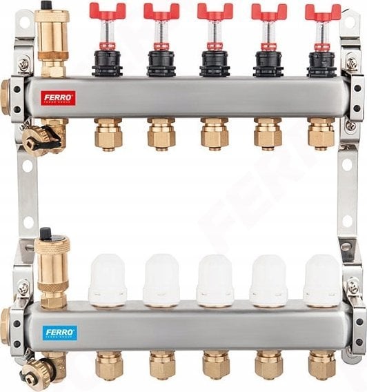 Rozdzielacz ze stali nierdzewnej 1 11-drogowy z zaworami termostatycznymi, przepływomierzami, odpowietrznikami automatycznymi, zaworami spustowymi, ny