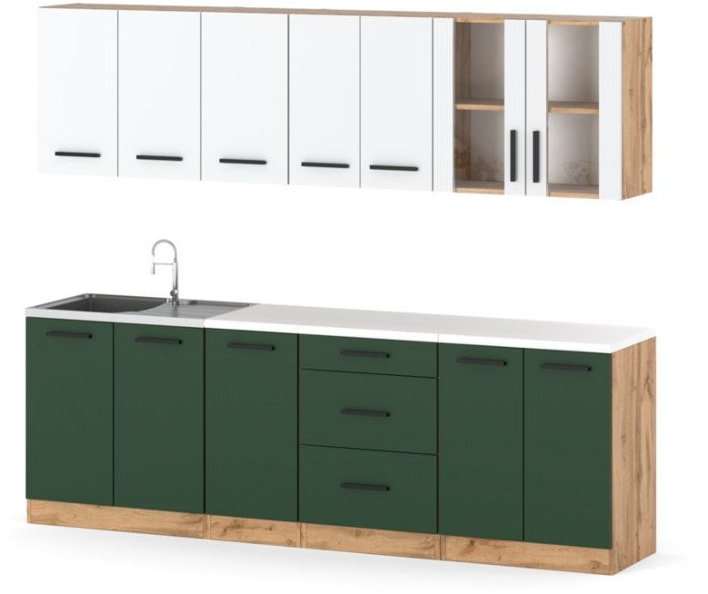 Kuchnia Duża Z Blatem Remino 2.6m Modułowa Wotan Biały Butelkowa Zieleń