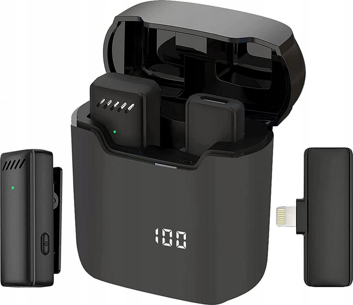 Mikrofon OEM Mikrofon krawatowy bezprzewodowy Lightning z etui ładującym S11 czarny
