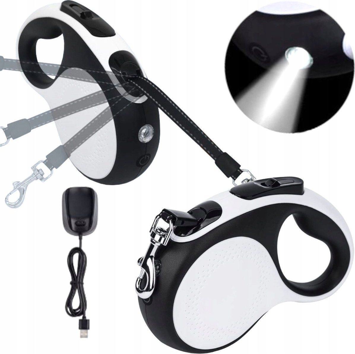 Wobell Smycz Automatyczna Linka Taśma+Latarka Led 5M 20Kg