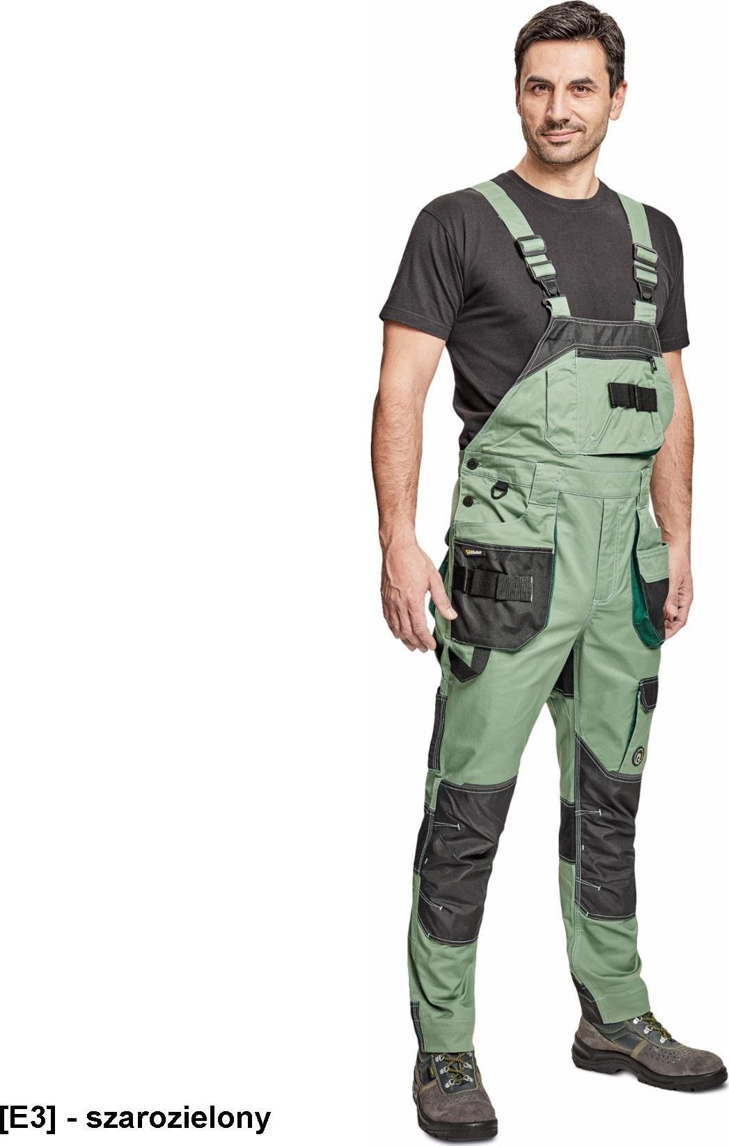 CERVA DAYBORO ogrodniczki - męskie ogrodniczki robocze, odblaskowe elementy, 62% bawełna, 32% poliester, 3% spandex - szarozielony 48