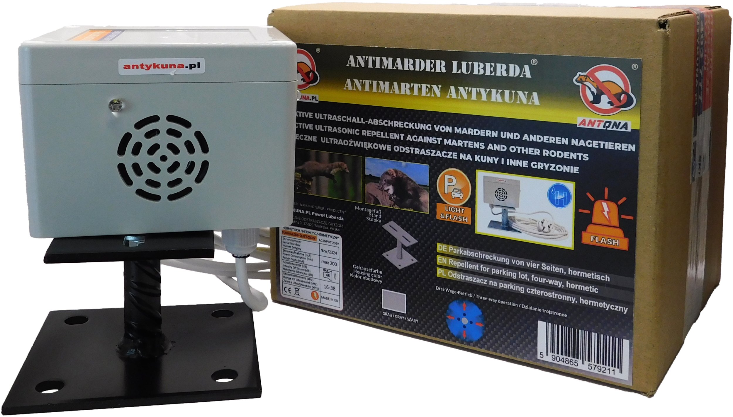 Antykuna.pl Odstraszacz Cichy Light Hermetyczny, na parking, taras, dach, Działa w 4 kierunkach, Na podstawce, Zasilanie 230V