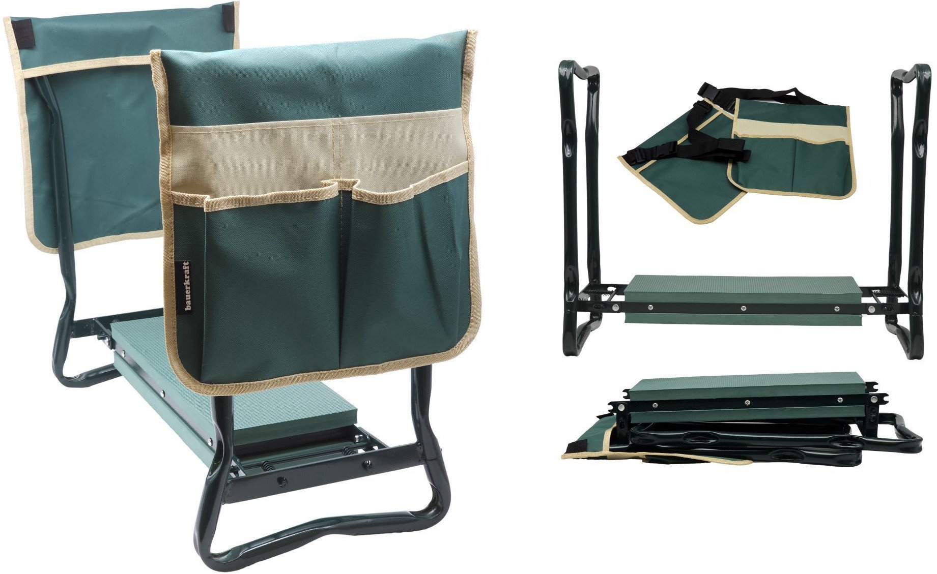 Klęcznik składany ogrodowy zielony z 2 torbami na narzędzia 4w1