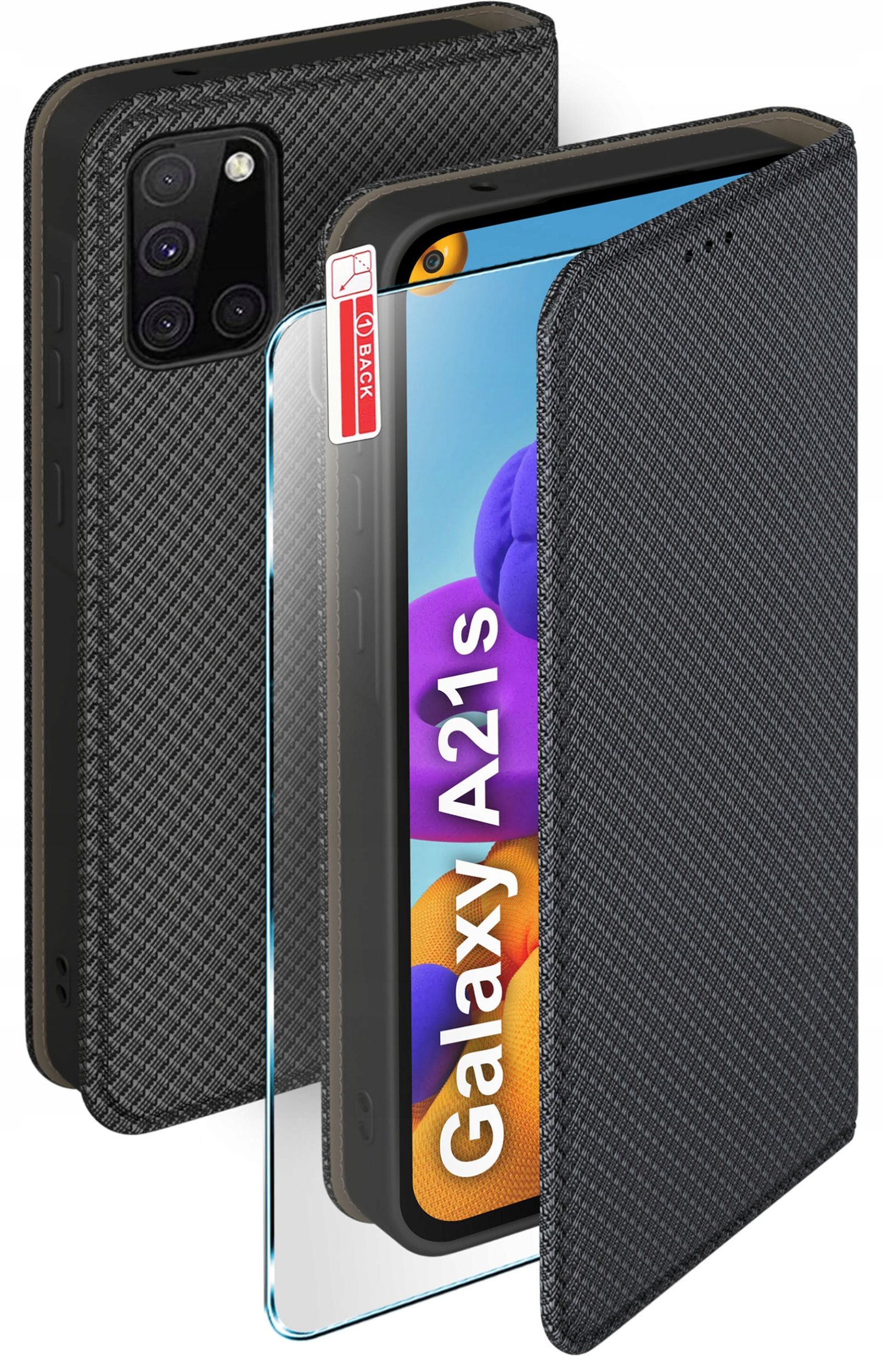 Etui z klapką do Samsung A21s Zamykane Czarne Futerał + Szkło 9H
