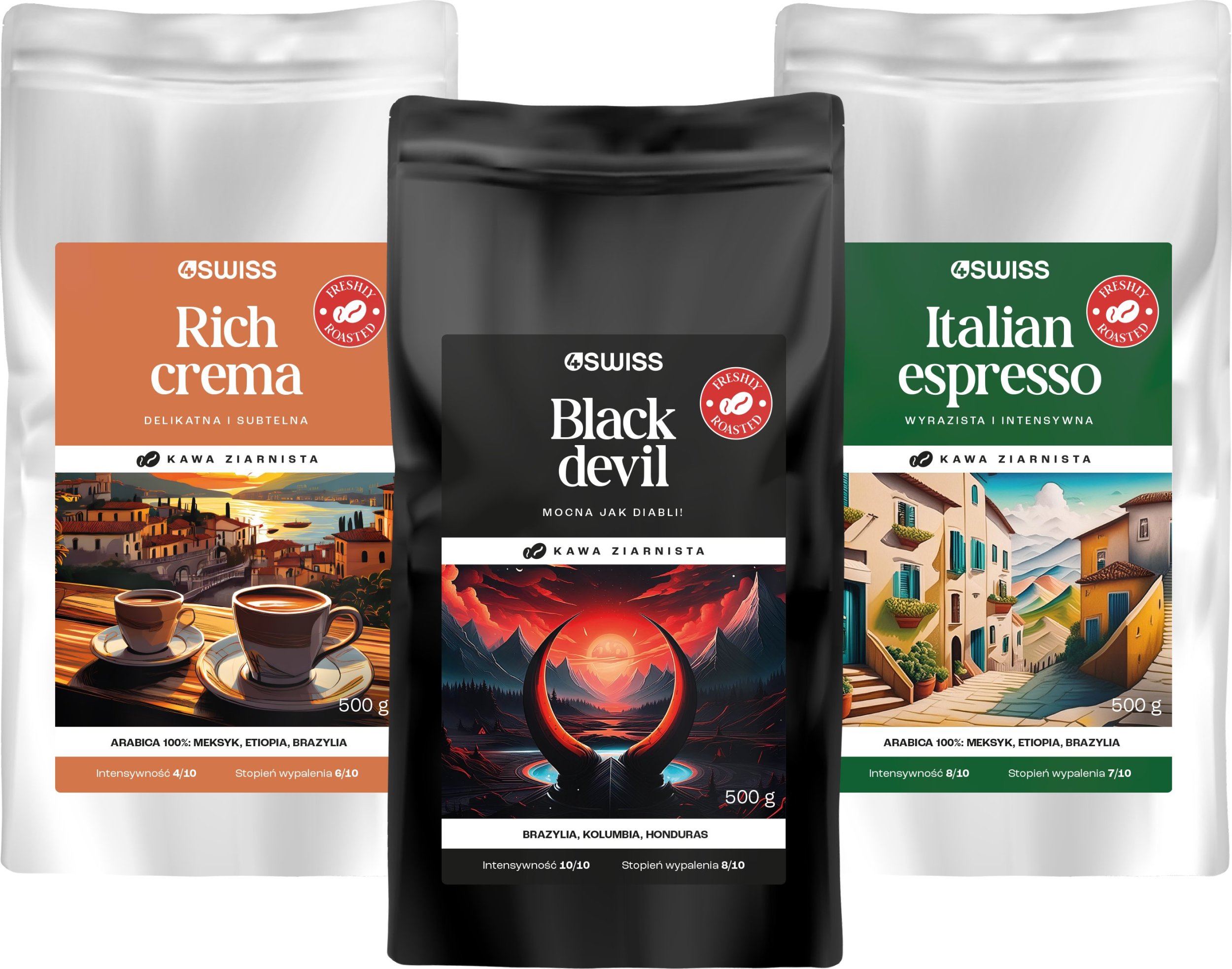Kawa ziarnista 4Swiss świeżo palona zestaw kaw 1,5 kg