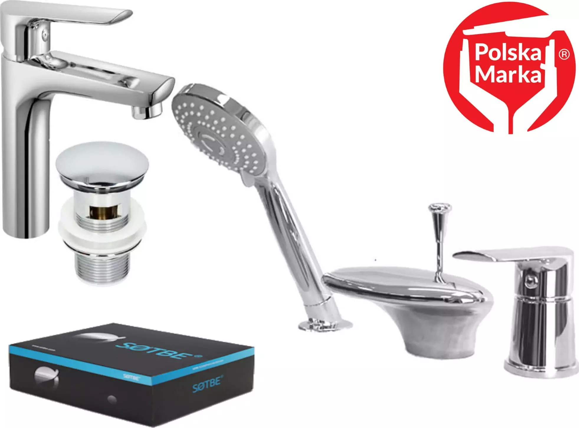 Sotbe SOTBE MALSELVA bateria wannowa 3-otworowa + bateria umywalkowa stojąca z korkiem klik klak