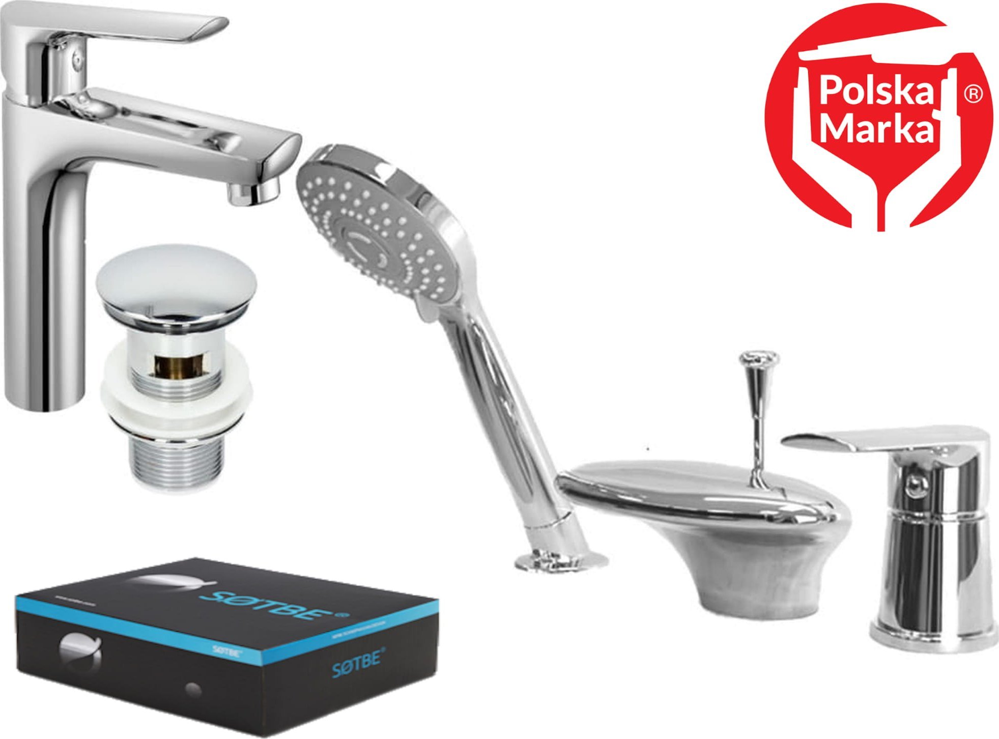 Sotbe SOTBE MALSELVA bateria wannowa 3-otworowa + bateria umywalkowa stojąca z korkiem klik klak