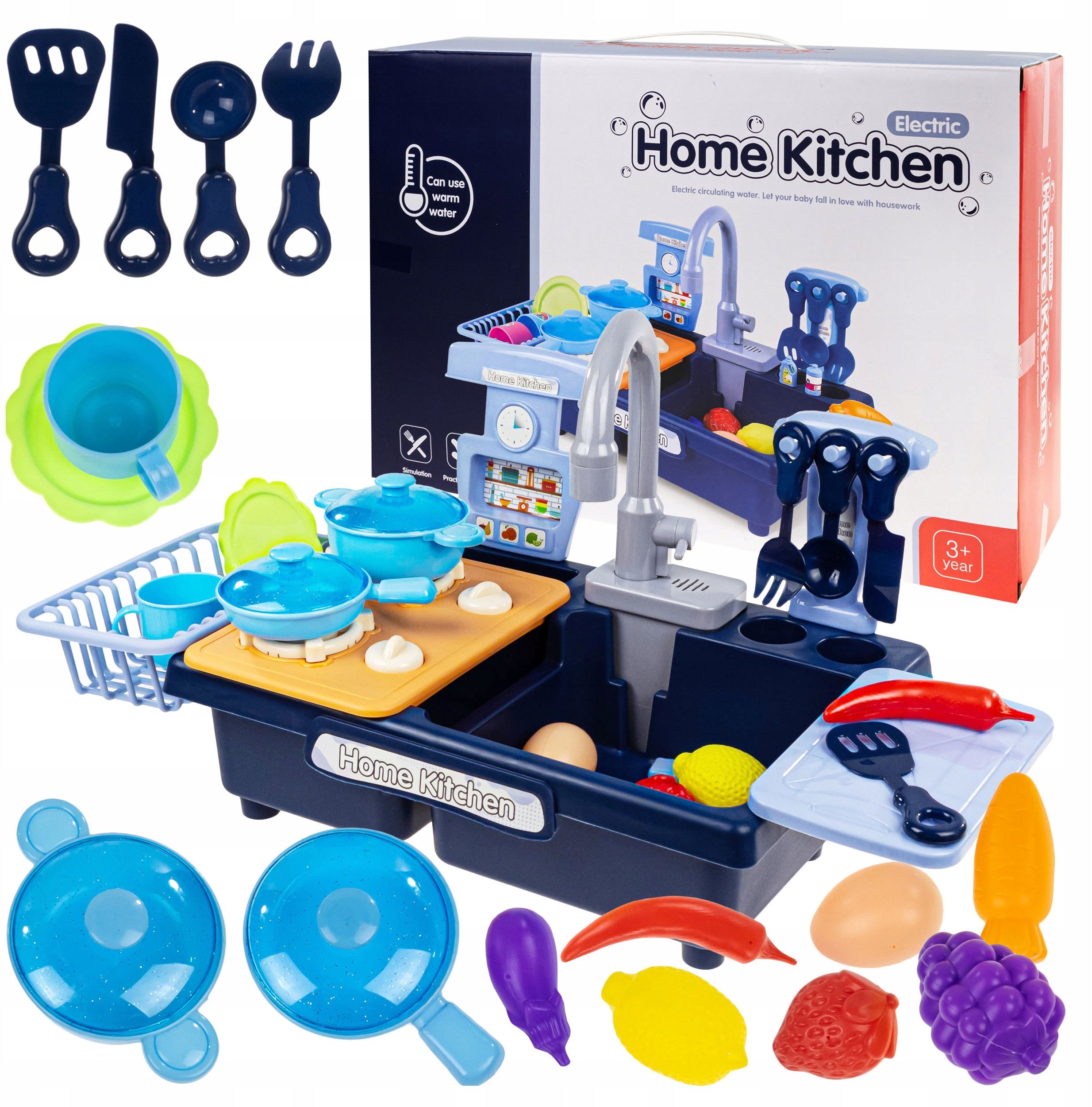 Kuchnia Dla Dzieci Zlew Z Wodą Interaktywny Kran Kuchenka 2W1 + Akcesoria