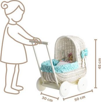 WickerPL Lala Wózek Wiklinowy dla Lalek z pościelą 50x30 H45 cm