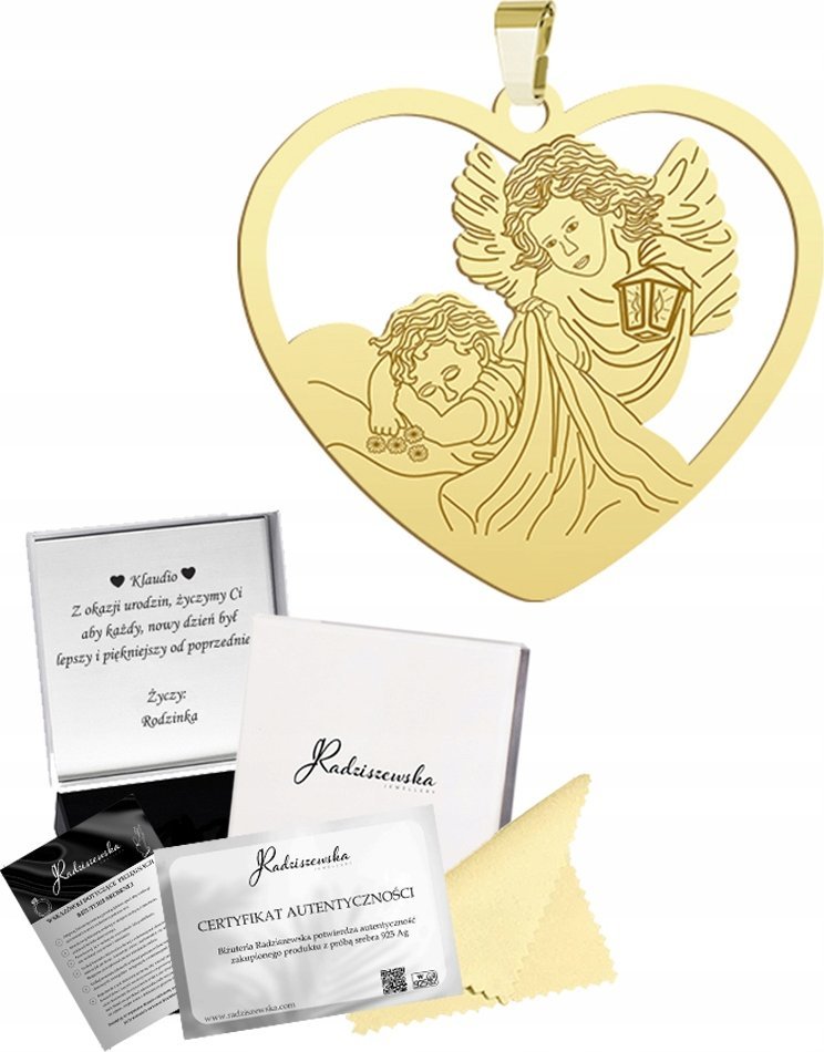 Radziszewska Jewellery Złoty Medalik Anioł Stróż SREBRO 925 Prezent Komunia Chrzest GRAWER GRATIS
